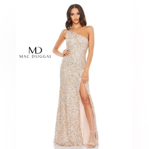 Mac Duggal Sequin One Shoulder Gown with Embellishments - Picture 1 of 14